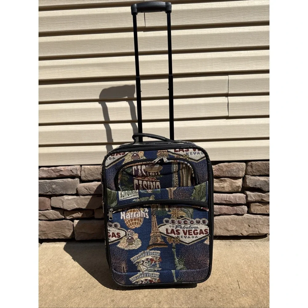 Vtg Bovano Las Vegas Casino Nevada Pictorial Carry-On Rolling Suitcase 21 Inch